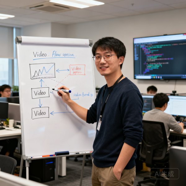 前端技术总监王浩然，站在白板前用马克笔绘制视频流优化方案，身后是团队工位和代码屏幕